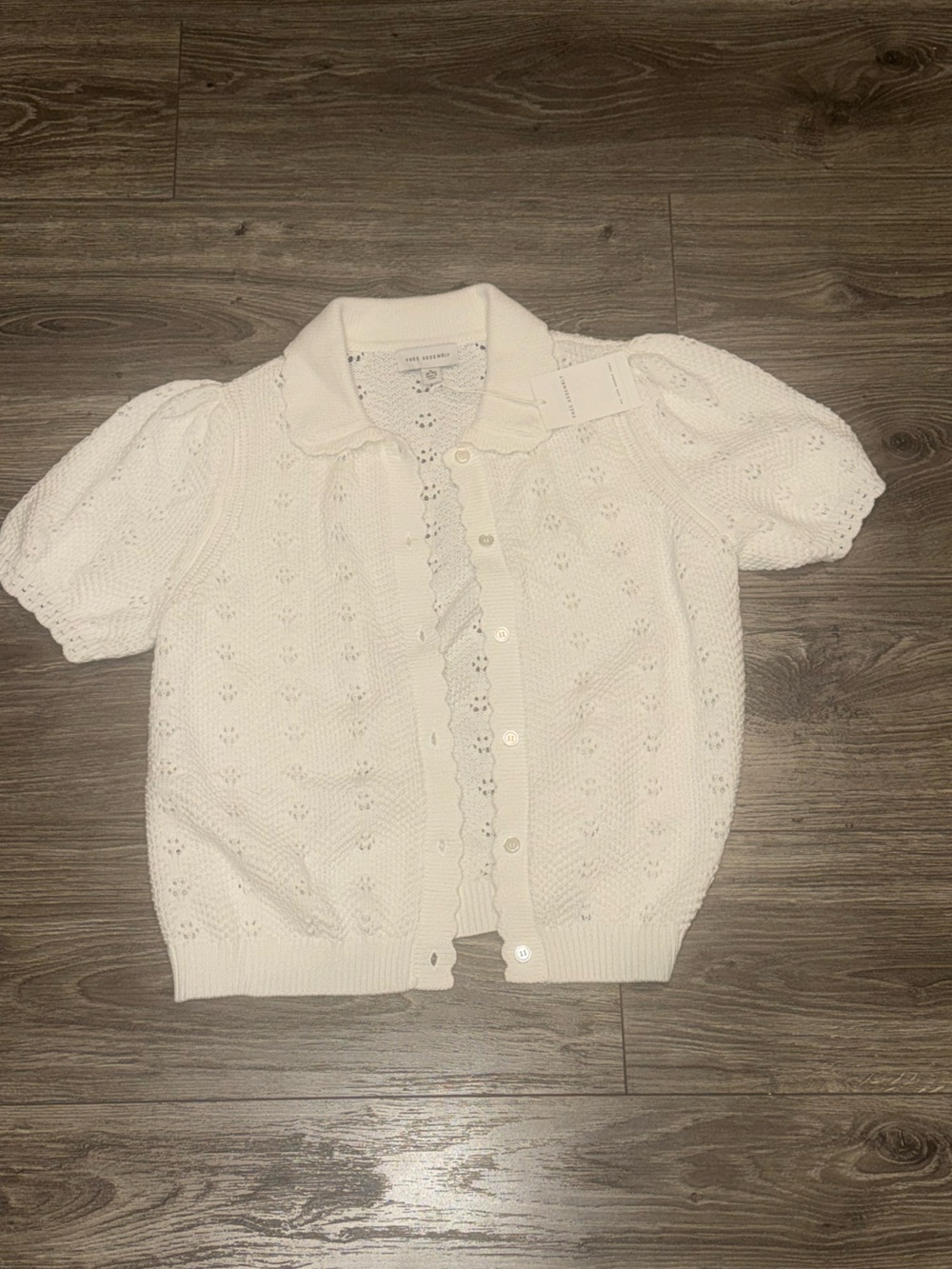 Cream Short-Sleeve Eyelet Knit Cardigan - Women's